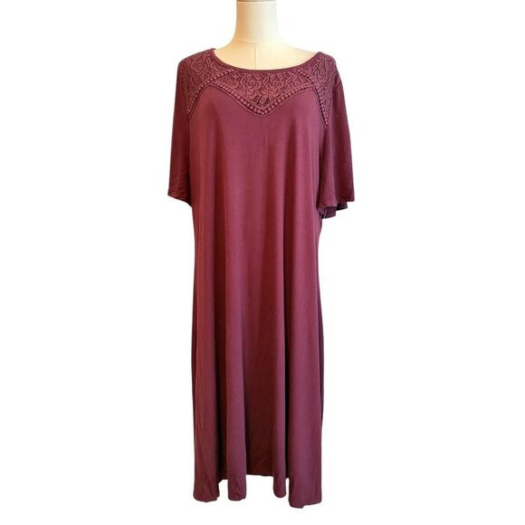 Catherines Dress Womens 1X Burgundy Lace Yoke Short Sleeve Scoop Neck Stretch - Picture 1 of 8